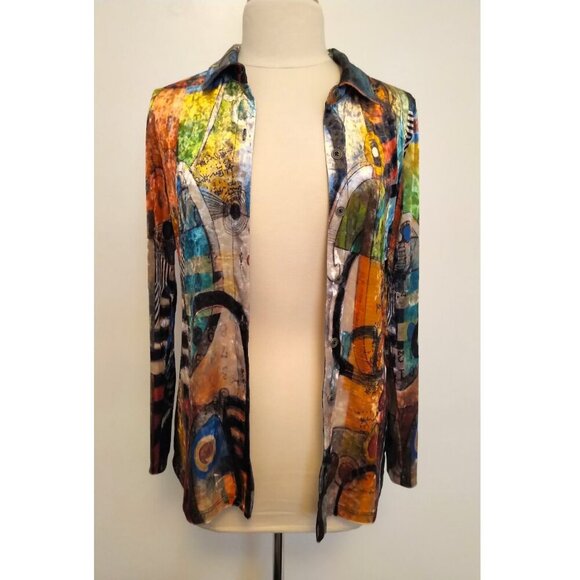 RARE!! Vintage Dolcezza Simply Art Artsy Velvet Painting Print Button Up Shirt - Picture 4 of 16